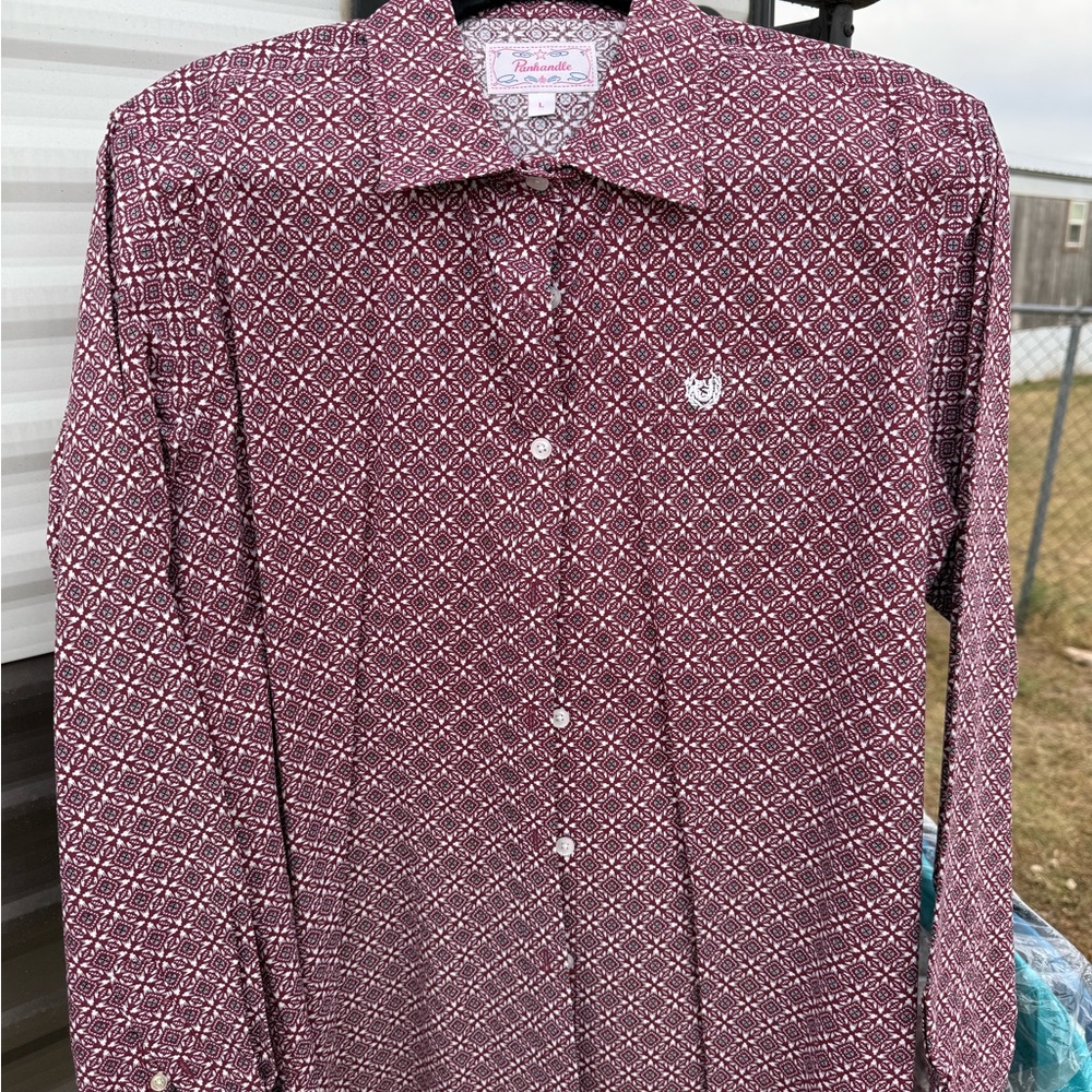 Women's Burgundy Patterned Button Down Shirt